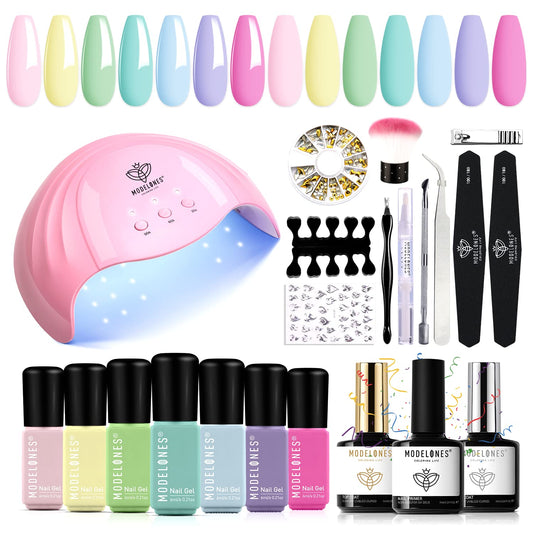 Modelones Pastel Gel Nail Manicure Polish Kit With U V Light 48W Starter Kit, 22 PCS Spring Nail Gel Polish Set No Wipe Base & Top Coat Bond Primer Home Curing St. Patrick's Day Gift For Women