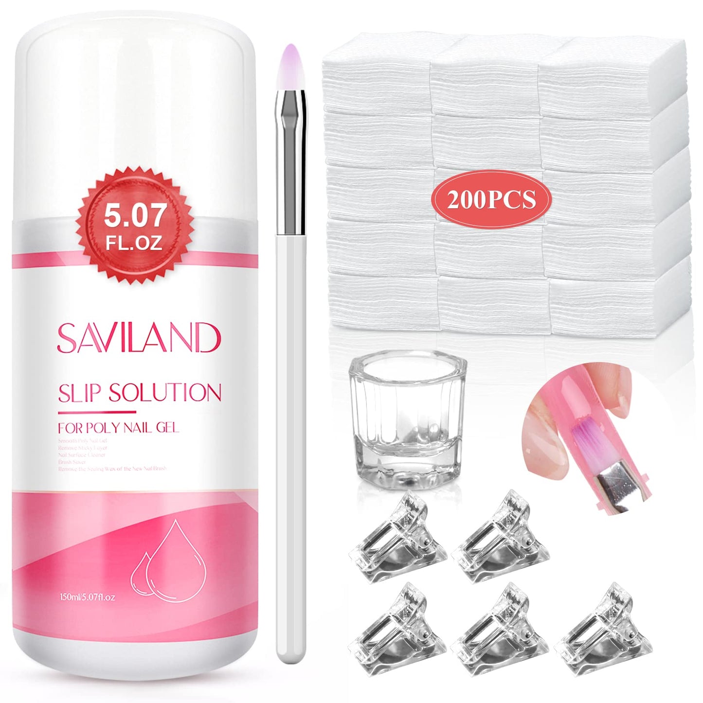 Saviland Poly Gel Slip Solution: 150ml Anti-stick Gel Nail Solution Kit for Beginners Nail Extension Gel with Nail Brush Cup Nail Clips Cleaner for Easy DIY Poly Gel Nail Art