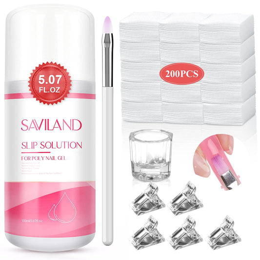 Saviland Poly Gel Slip Solution: 150ml Anti-stick Gel Nail Solution Kit for Beginners Nail Extension Gel with Nail Brush Cup Nail Clips Cleaner for Easy DIY Poly Gel Nail Art