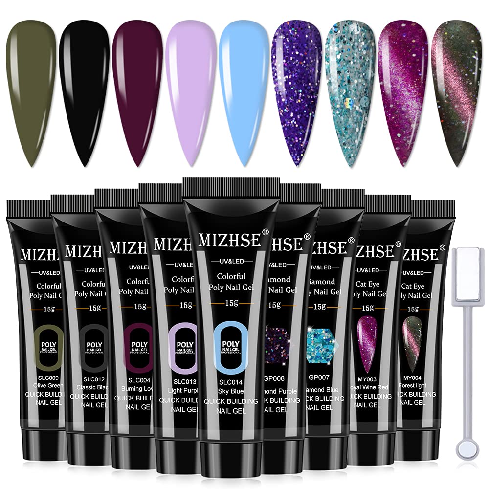 MIZHSE Poly Nails Gel Kit, 2 Glitter Poly Gel Nail and 2 Cat Eye Poly Gel 5 Classic Colors Builder Gel for Nail Extension Thickening Solution Gel Soak Off Nail Art Design for Nail Starters Manicure