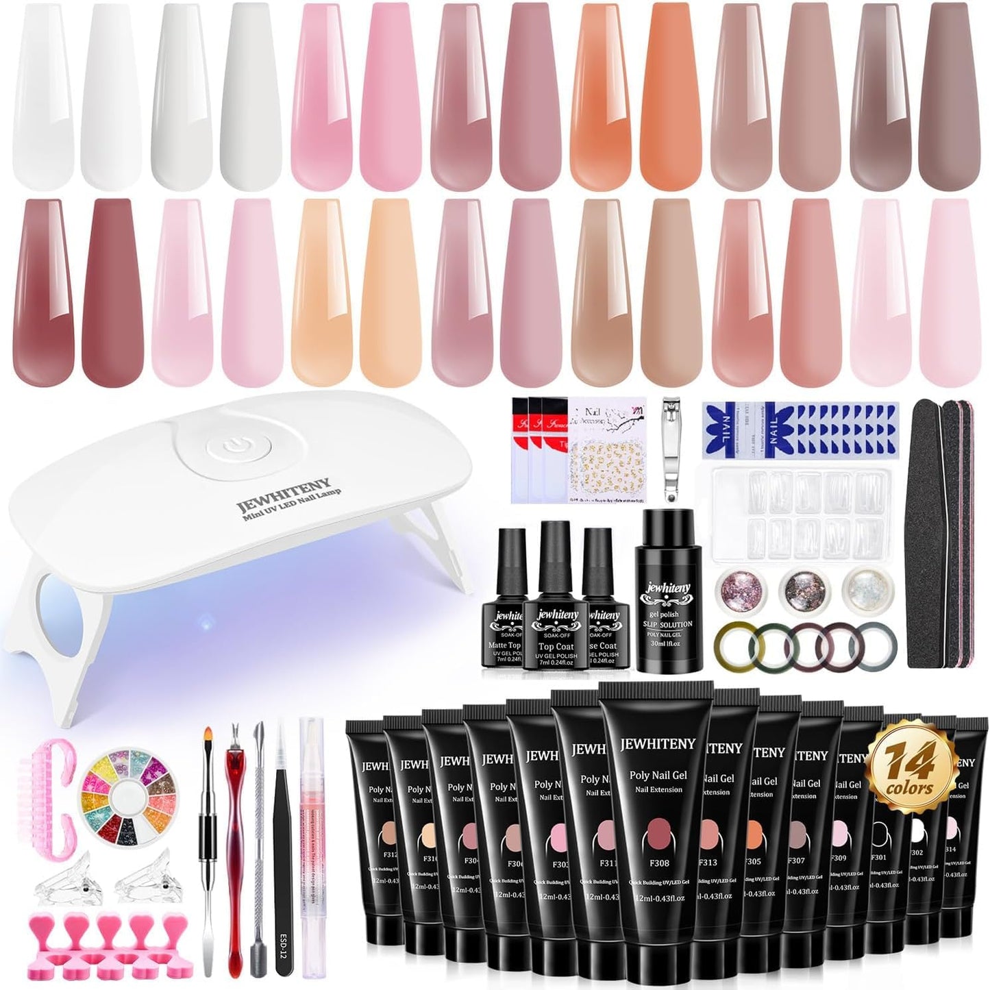 JEWHITENY Poly Extension Gel Nail Kit 14 PCS Poly Gel With Mini Nail Lamp Poly Nail Gel Kit with Slip Solution Basic Poly Gel Nail Art Tools Nail Art Design Beginner Kit