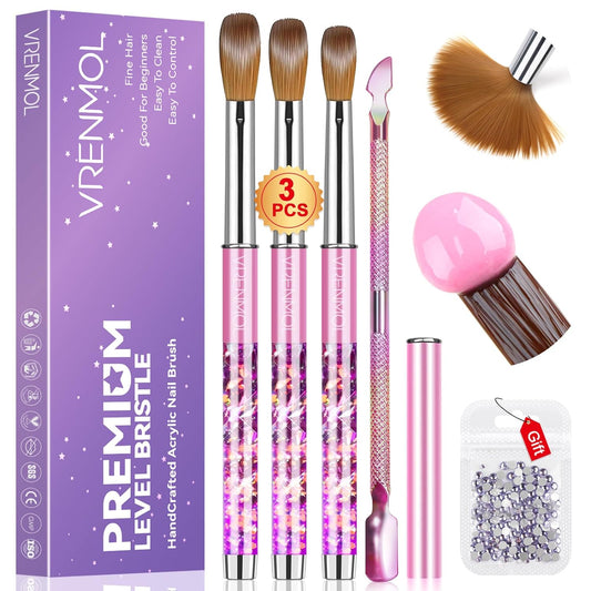 Vrenmol Acrylic Nail Brush Set Diamond Design: 3PCS Size 8/12/14 Acrylic Brushes for Acrylic Application Manicure Tools with Cuticle Pusher & Rhinestones for Nail Art Extensions Carving Nail Tech Use