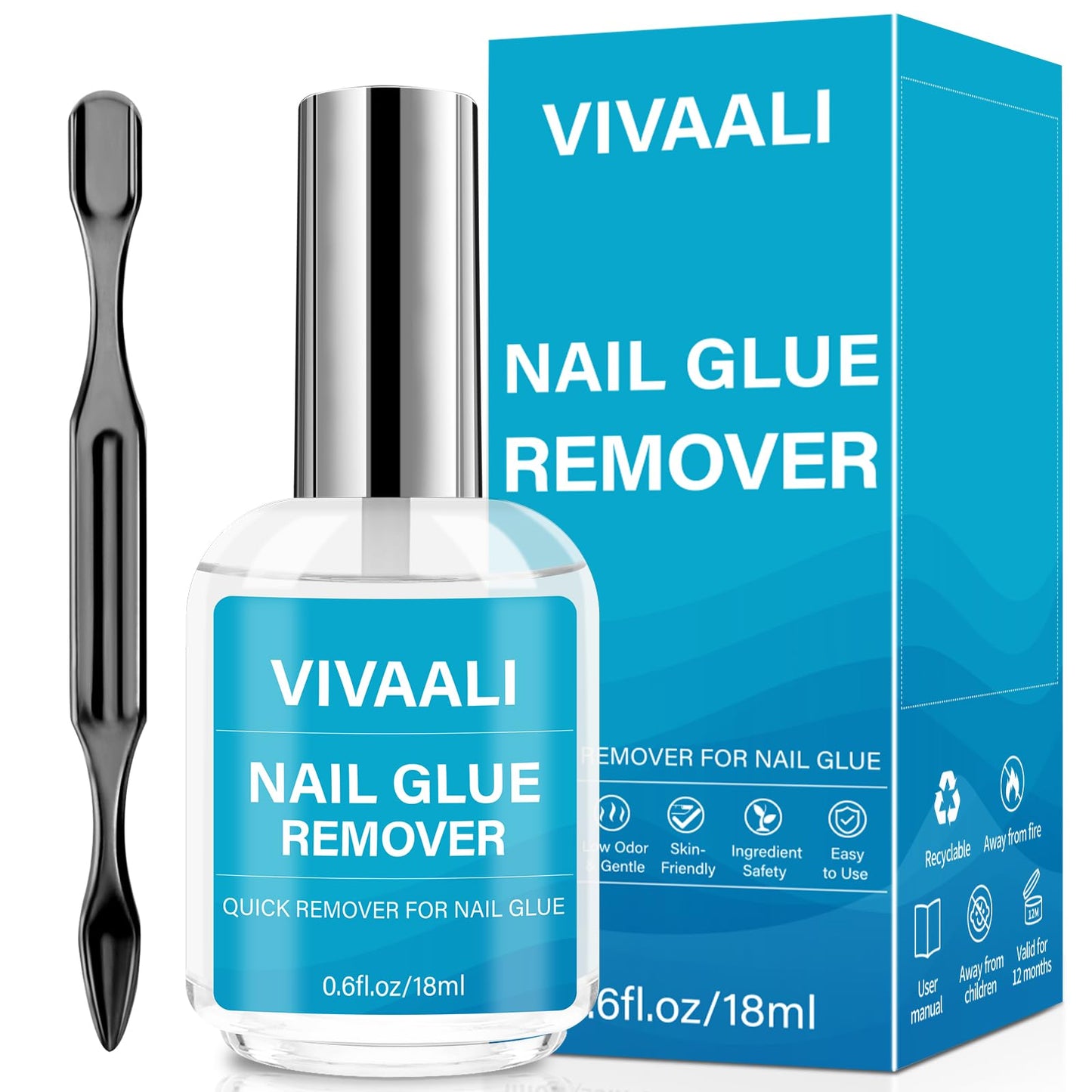 VIVAALI Nail Glue Remover for Press on Nails with pusher, Qucikly Removes for False Nail Tips, Enriched with Vitamin E, 0.6fl.oz/18ml, Can't Remover Gel Nail Polish