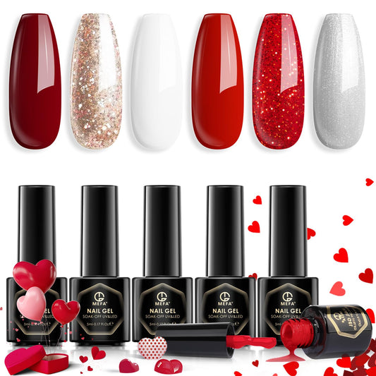 MEFA Red Gel Nail Polish Set 6 Colors, Red White Glitter Shades Sparkle Silver Champagne Love Times Tones Spring Nail Art Design Salon at Home Manicure DIY Kit Valentines Day Gifts for Women Girl
