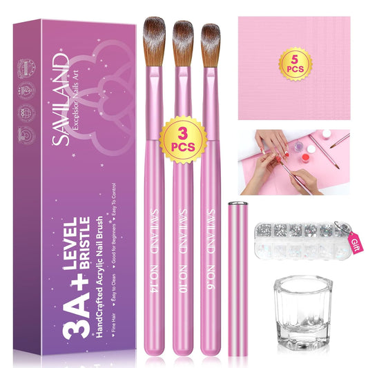 Saviland Acrylic Nail Brushes for Beginners: 3PCS Acrylic Nail Brush Set Size 14 10 6 Nail Brushes for Acrylic Application Pink Handle Acrylic Powder Brush Sturdy Kolinsky Hair Brush Nail Art Kit