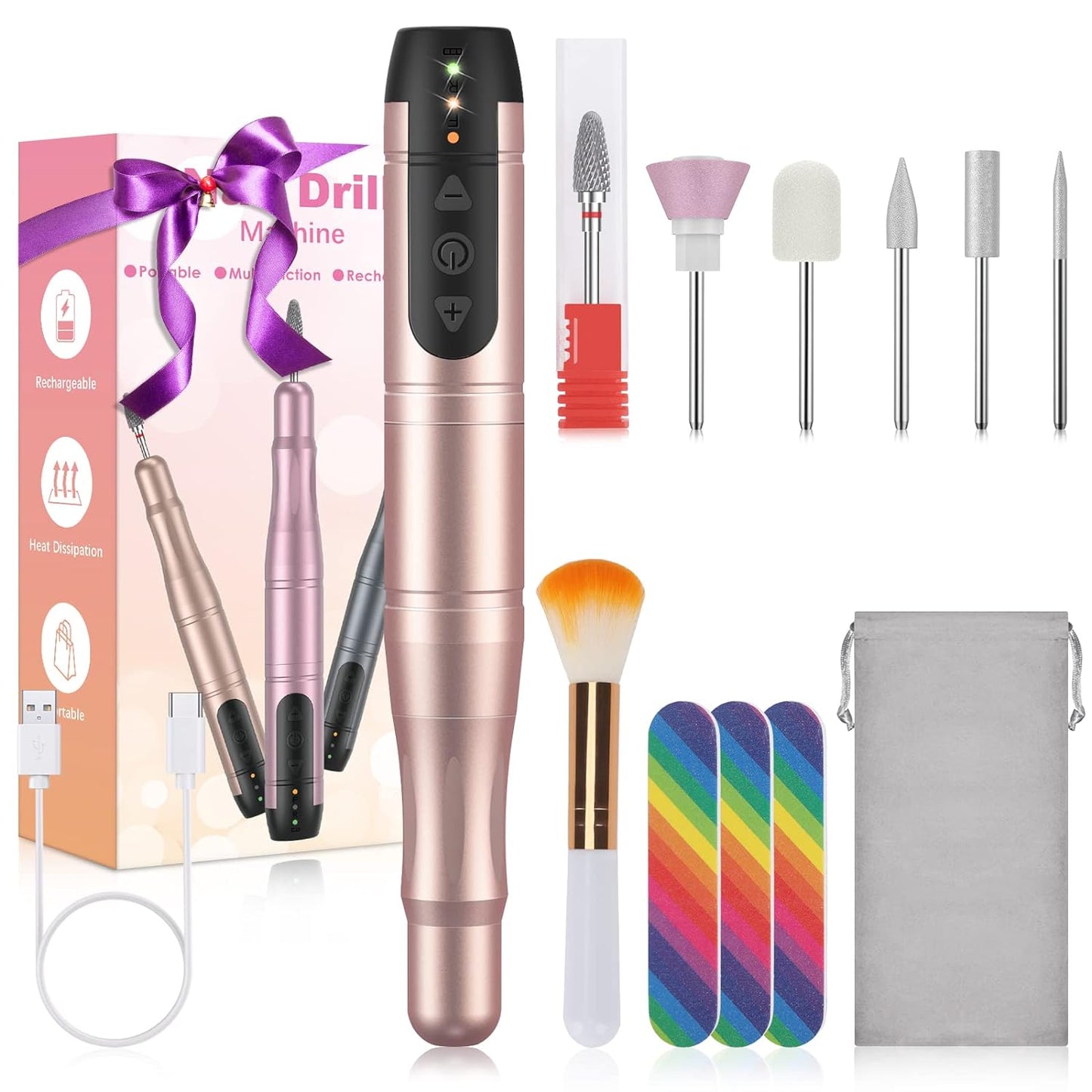 Cordless Electric Nail Drill, Rechargeable Professional for Acrylic Gel Nails, Portable Nail Drill Machine Kit for Manicure Pedicure Nail Set with Everything (Rose gold)