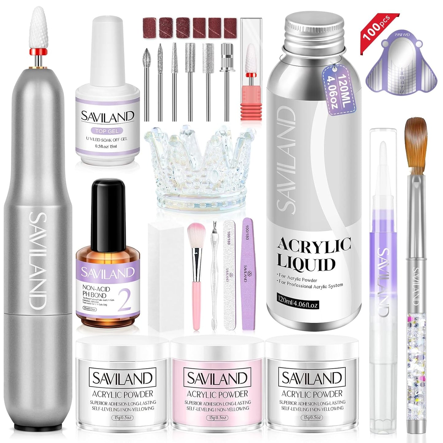 Saviland Acrylic Nail Kit with Nail Drill - Professional Use Only Acrylic Powder and Liquid Set Nail Tools Kit Acrylic Set with Acrylic Nail Brushes for Acrylic Nails Application Home DIY