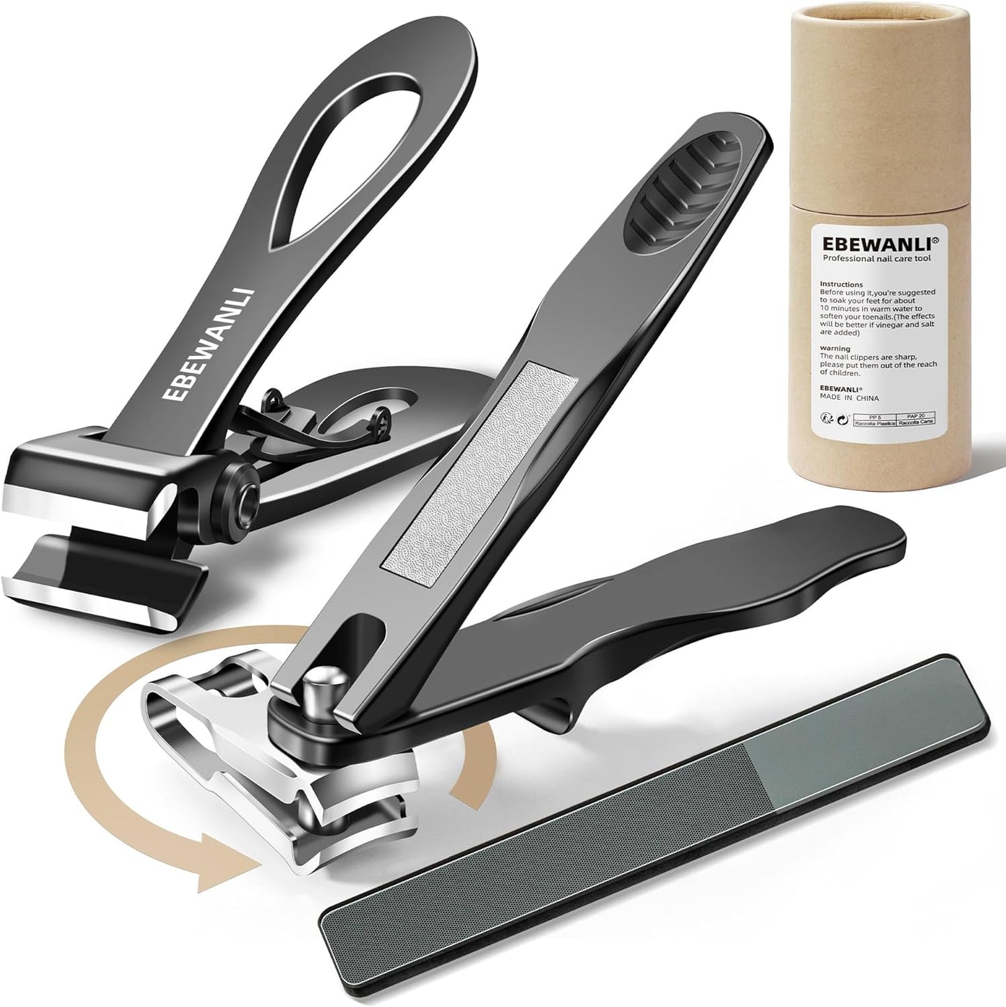 Nail Clipper Set, 360 Degree Rotary Fingernail and 17mm Wide Jaw Opening Straight Toenail Clippers Cutters for Thick Nails, Toe Nail Clippers for Men Seniors Women