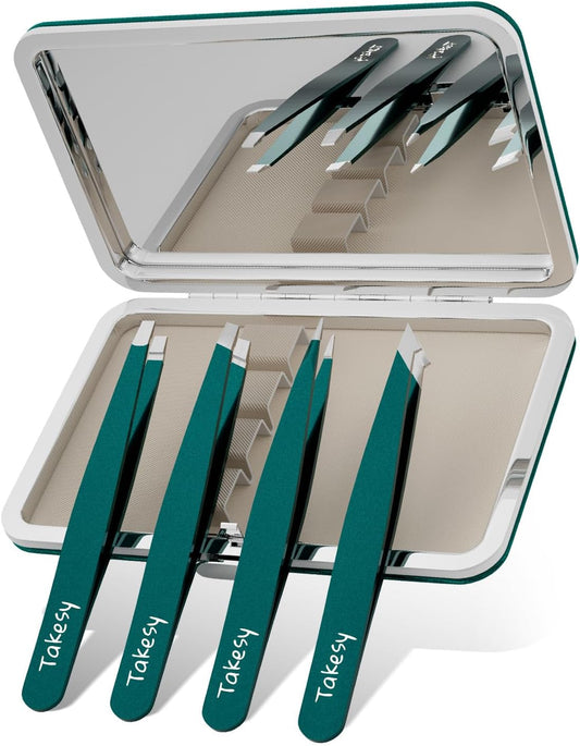 Professional Tweezers for Facial Hair and Eyebrows with Mirror Case (Green)