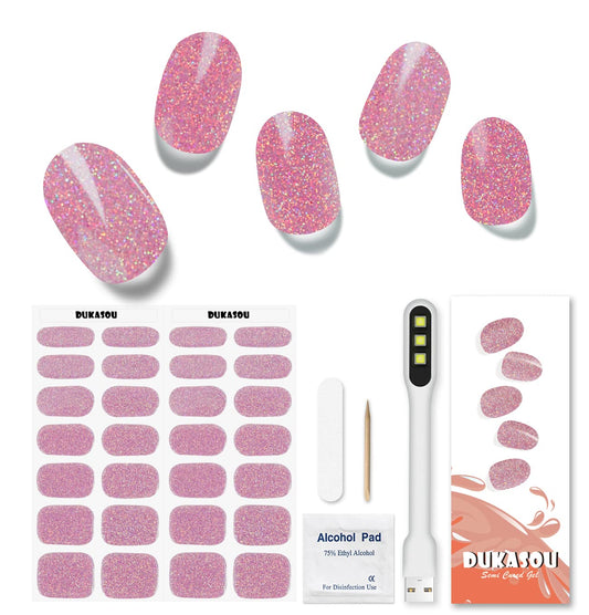 DUKASOU Semi Cured Gel Nail Strips, 28pcs Laser Flash Powder Gel Nail Strips with UV Light, Gel Nail Stickers Full Nail Wraps for Women Girls Kids DIY, Includes Prep Pads, Nail File & Wood Stick