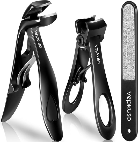 Nail Clippers for Seniors, Wide Jaw Fingernail Clippers and Angled Head Toenail Clippers for Thick Nail, Stainless Steel Professional Nail Cutter with File for Men, Women&Pregnant，Black