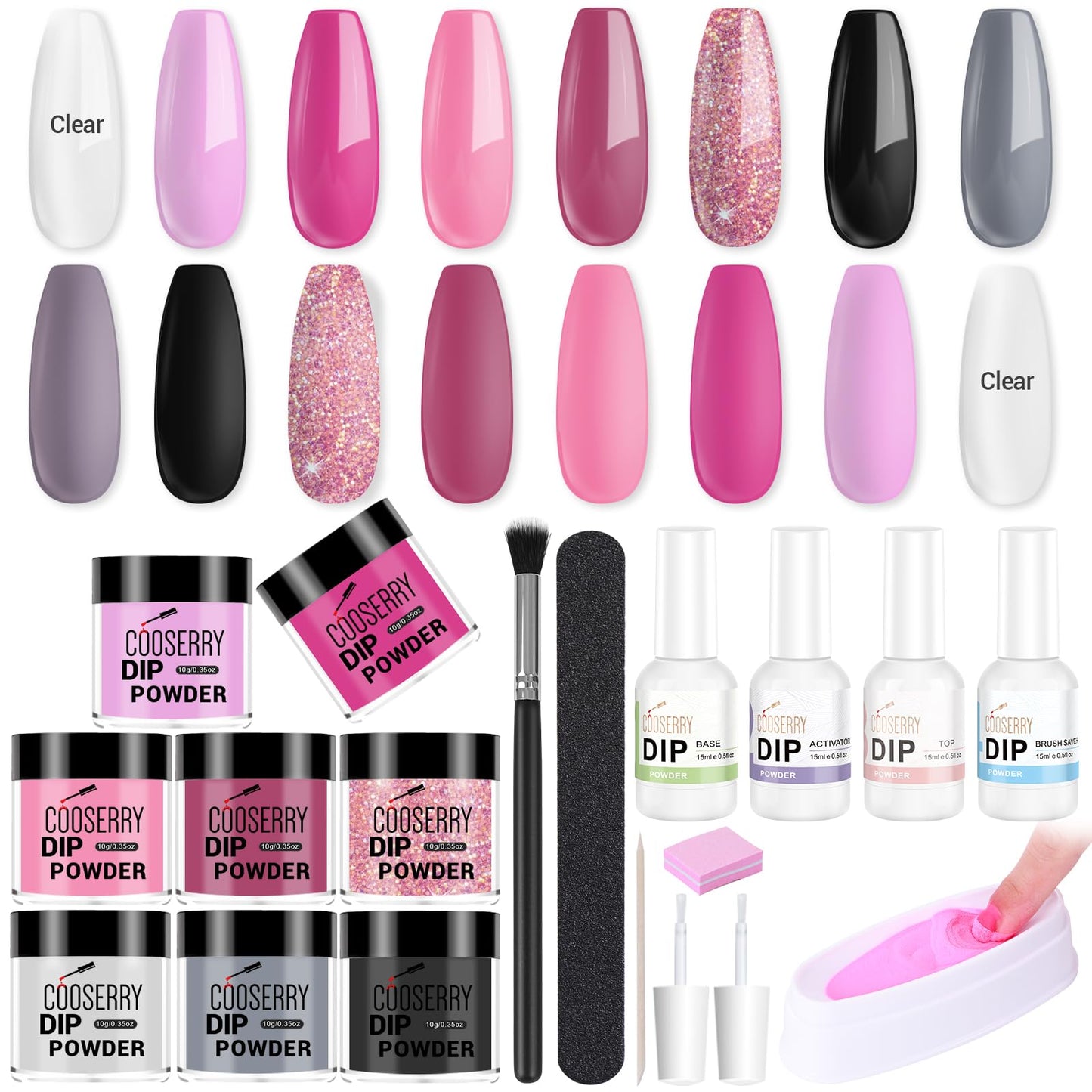 Cooserry Dip Nails Powder Starter Kit: All-Season 8-Color Dipping Powder Set - White Brown Champagne Glitter Dip Powder Nail Kit with Essential Base & Top Coat Activator Brush Saver Liquid