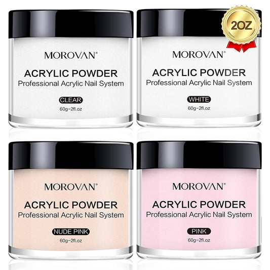 Morovan Acrylic Nail Powder Set: 4 Colors Clear Nude Pink White Acrylic Powder Colored Acrylic Nail Powder for Acrylic Nail Extension Carving
