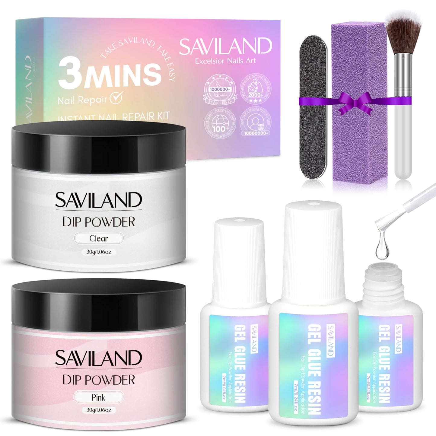 Saviland 60g Nail Repair Kit for Broken Damaged Nails: 3 Mins Air Dry Quick & Easy Instant Broken Nail Repair Natural Clear & Pink Dip Powder with 21ml Nail Repair Glue Emergency Home & Salon Use