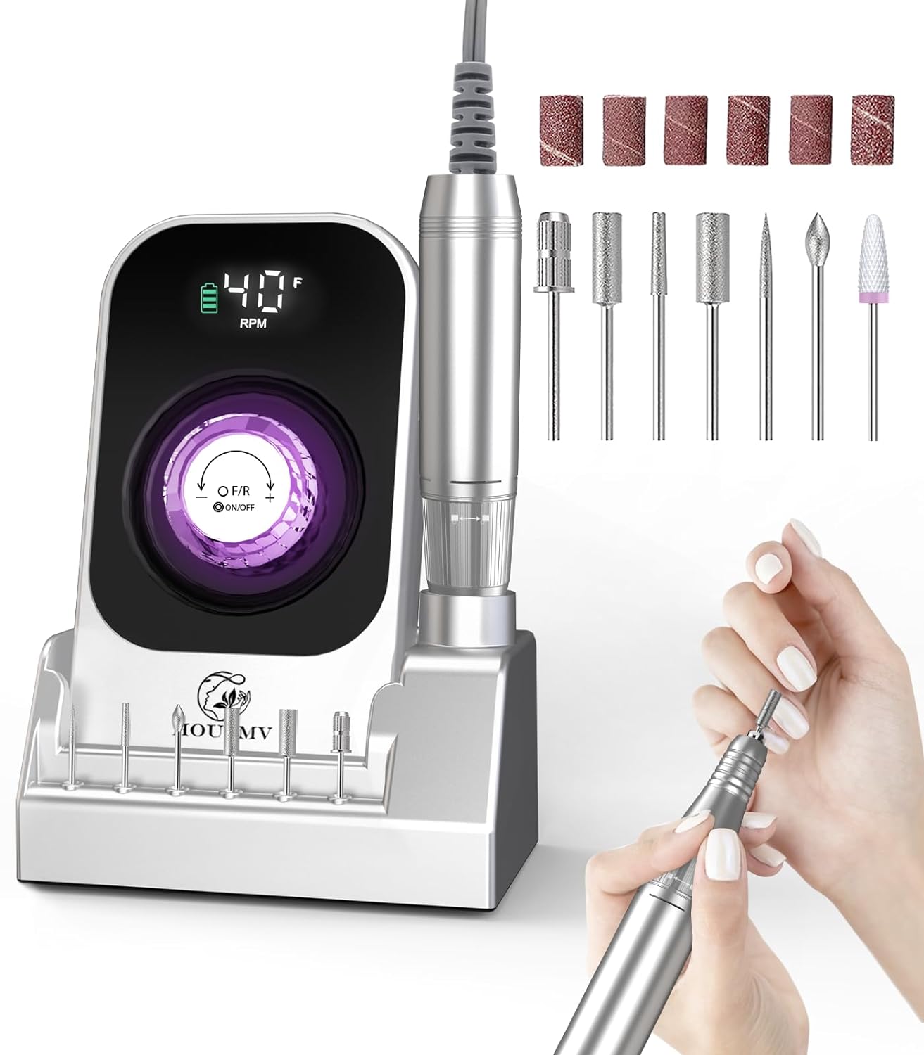 Portable Electric Nail Drill Machine: 40000RPM Professional Nail File Machine, Rechargeable Cordless Nail E File with Bits & Base for Acrylic Nails Remove Nail Gel Polish Manicure Salon Home, Silver