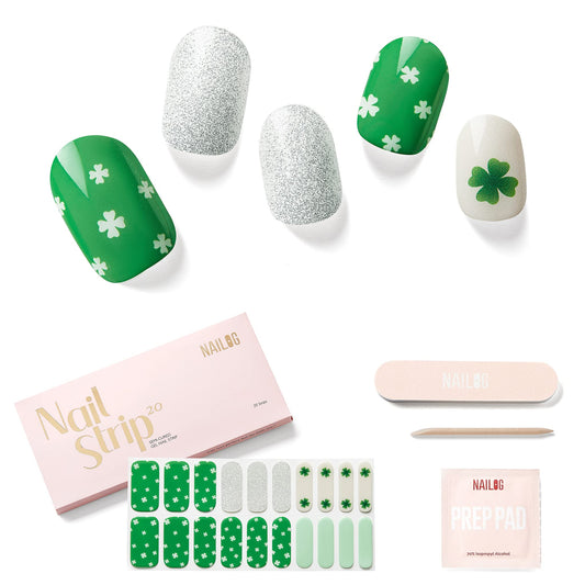 NAILOG Semi Cured Gel Nail Strips for Spring (20 Extra Long Stickers/Wraps) | Glossy & Long Lasting Soft Gel Finishing | The Shamrock