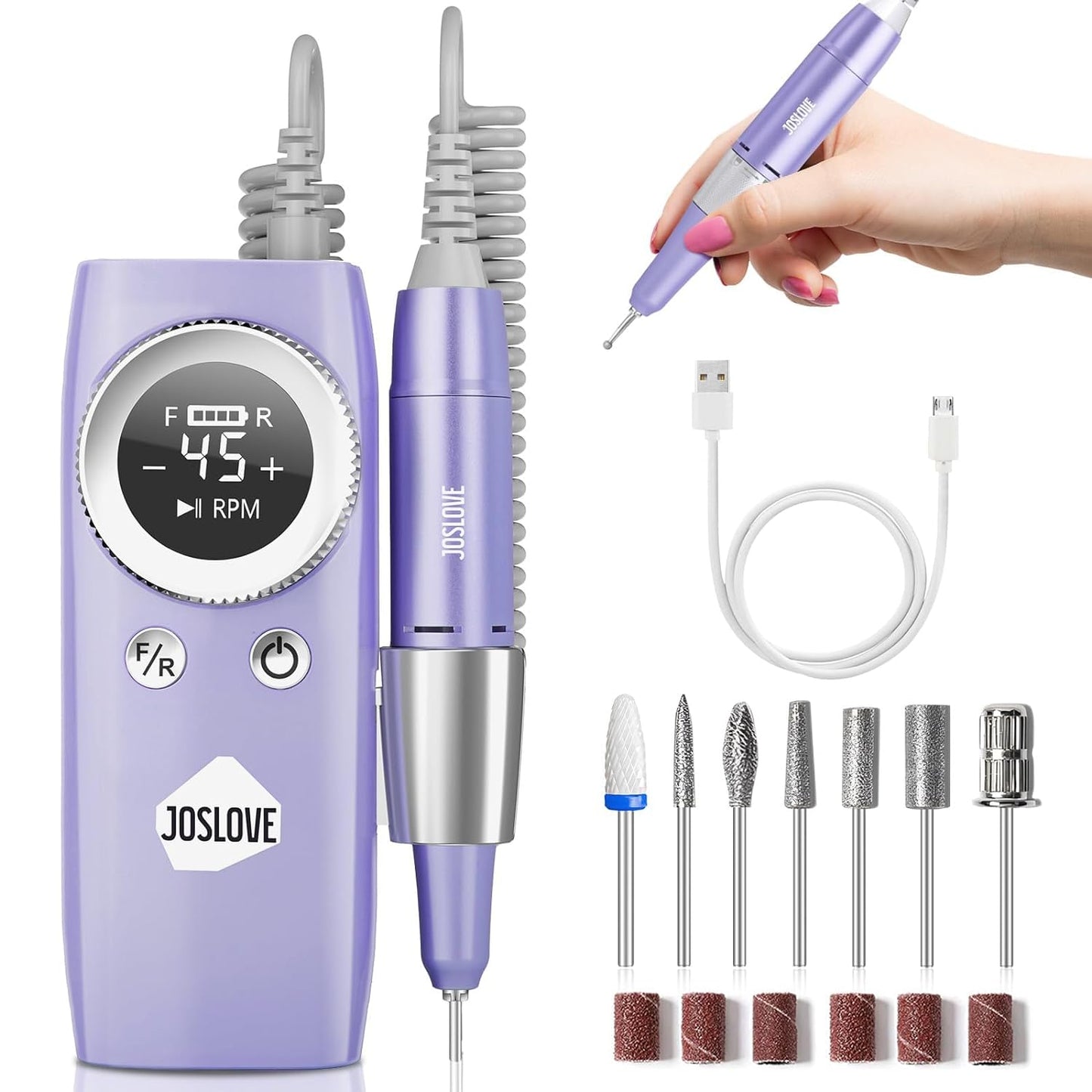 JOSLOVE Electric Nail Drill Machine, 45000RPM Electric Nail File Efile Drill for Acrylic Gel Nails, Rechargeable Portable Nail File Manicure Pedicure Tools with Nail Drill Bits, Purple