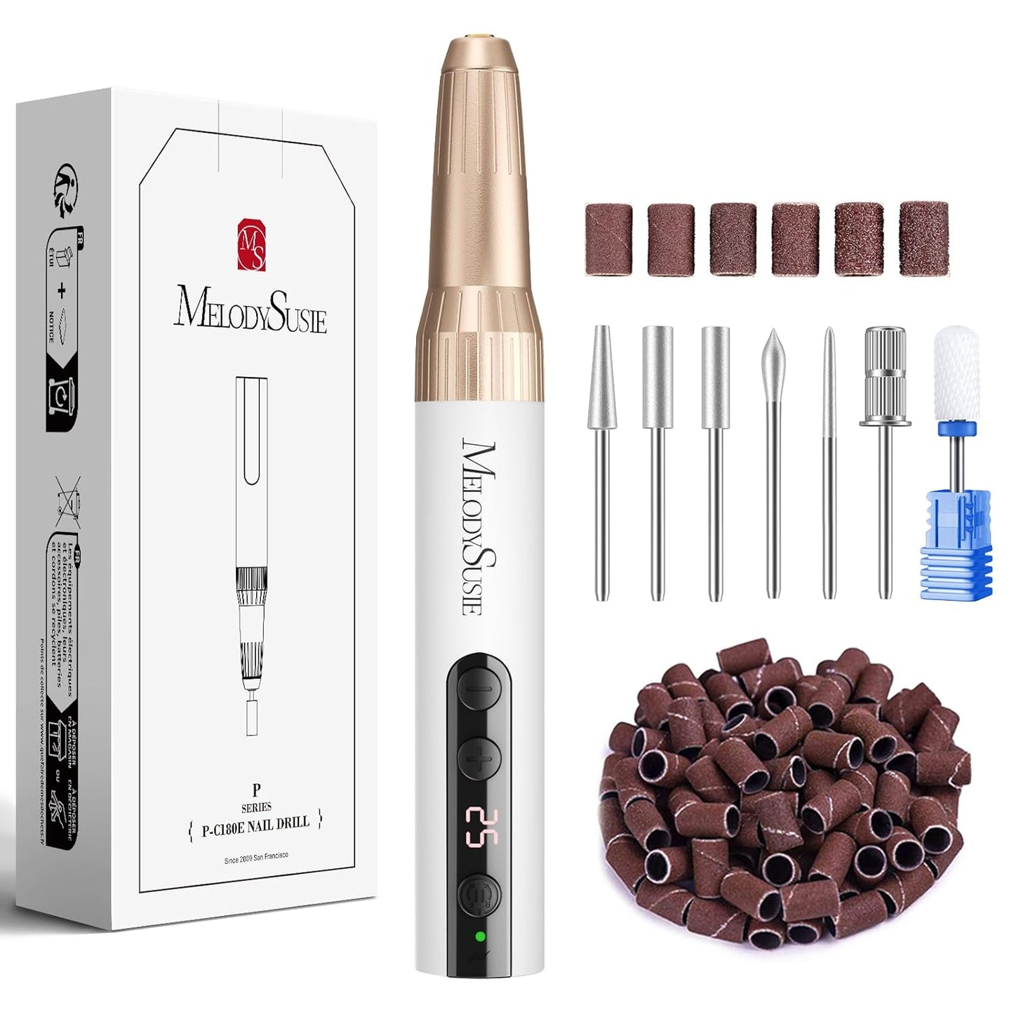 MelodySusie Rechargeable Cordless Electric Nail Drill,PC180E 25000RPM Portable Nail Efile for Acrylic Gel Dip Powder Nails, 25 Speeds with Nail Drill Bits Sanding Bands (Gold)