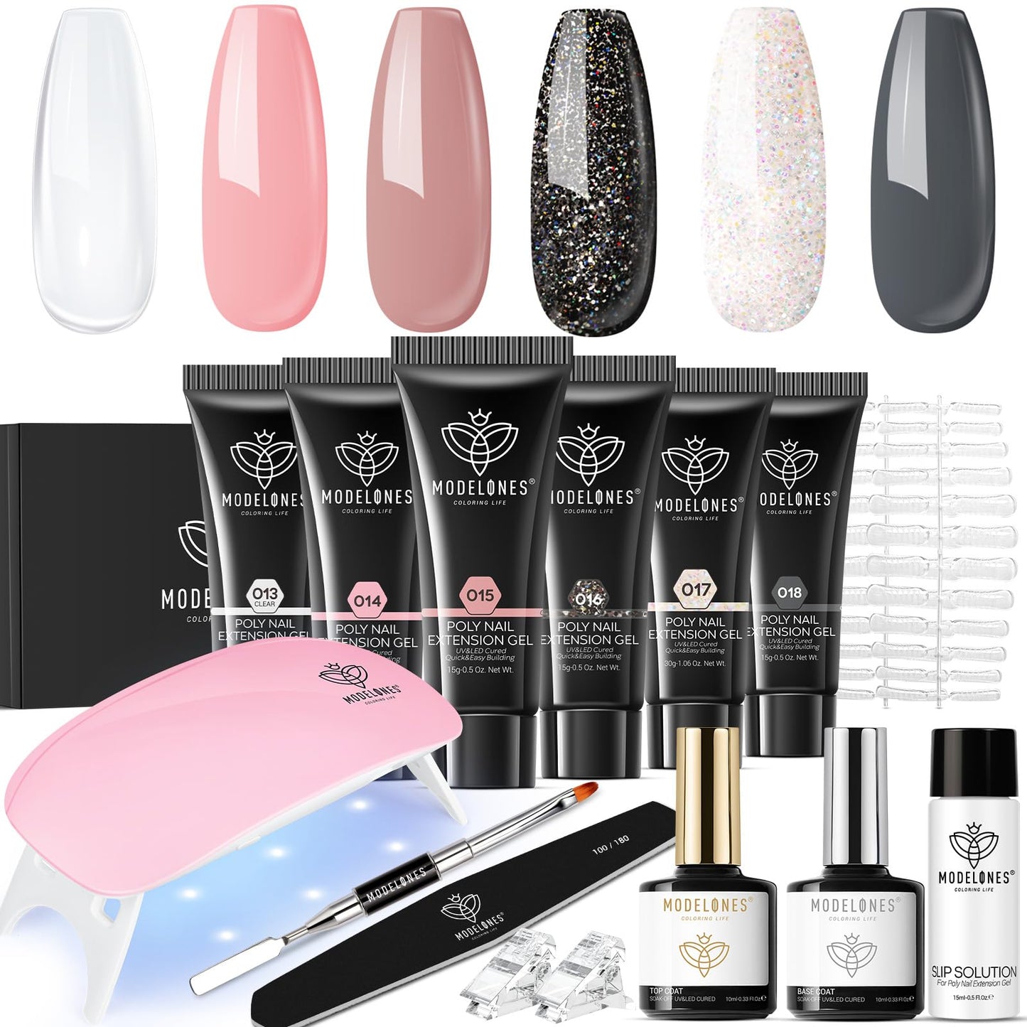 Modelones Poly Gel Nail Kit - 6 Colors Poly Nails Extension Gel Kit Nude Clear Black Pink All In One Starter Kit with Nail Lamp for Beginner Nail Thickening Solution DIY Women Gifts