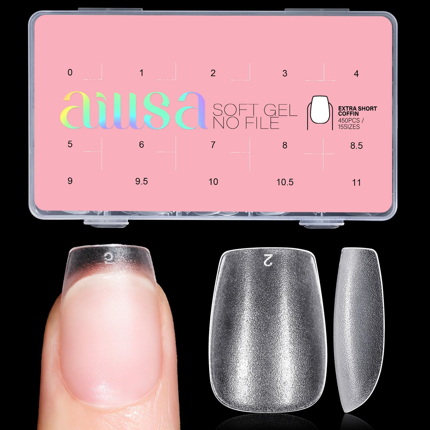 AILLSA Extra Short Coffin Nail Tips 450PCS Full Cover Soft Gel Clear Nail Tips Double-sided Matte Pre-Shaped Press on False Nail Tips for Nail Extension Fake Nails Manicure 15 Sizes