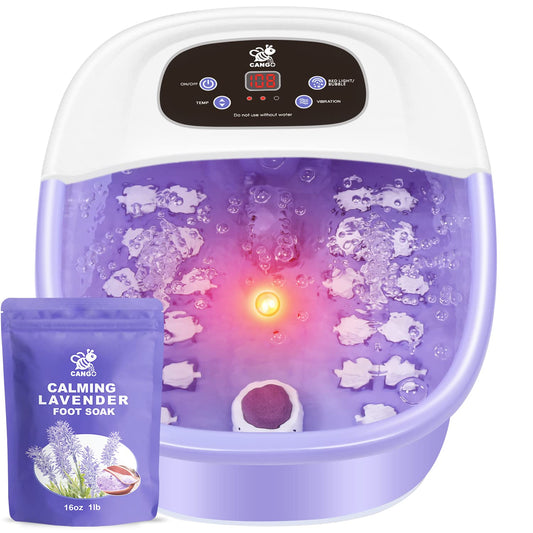 Foot Spa Bath Massager with Heat Bubbles and Vibration Massage and Jets, 16 OZ Calming Lavender Foot Soak Epsom Salt, CANGO Foot Soaker With Infrared Light, 22 Massage Rollers, Adjustable Temp -Purple