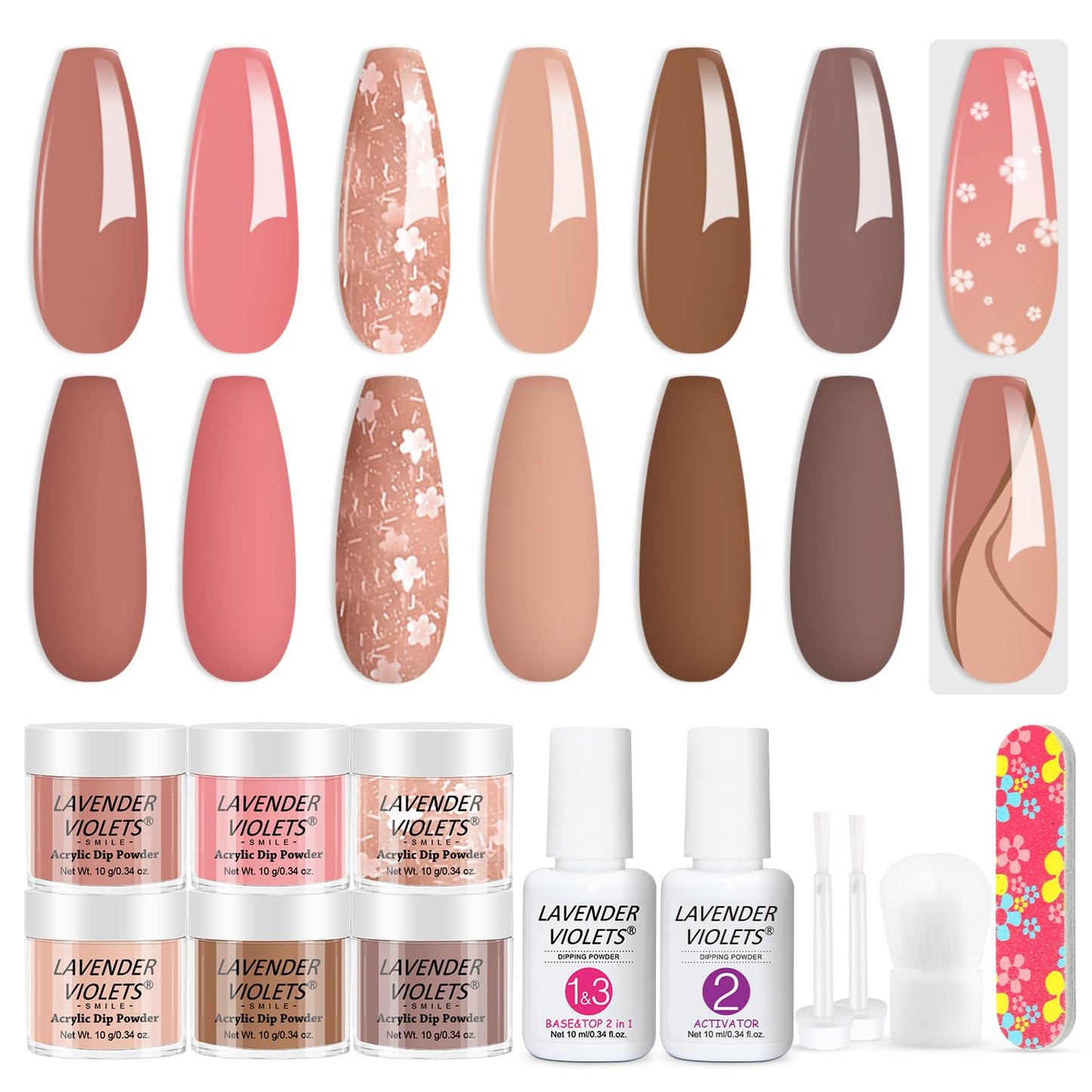 Lavender Violets 12Pcs Dip Powder Nail Kit Starter - 6 Colors Nude Pink Neutral Skin Tone Dipping Powder System Liquid Set with Base & Top Coat Activator for French Dips Manicure at Home M204