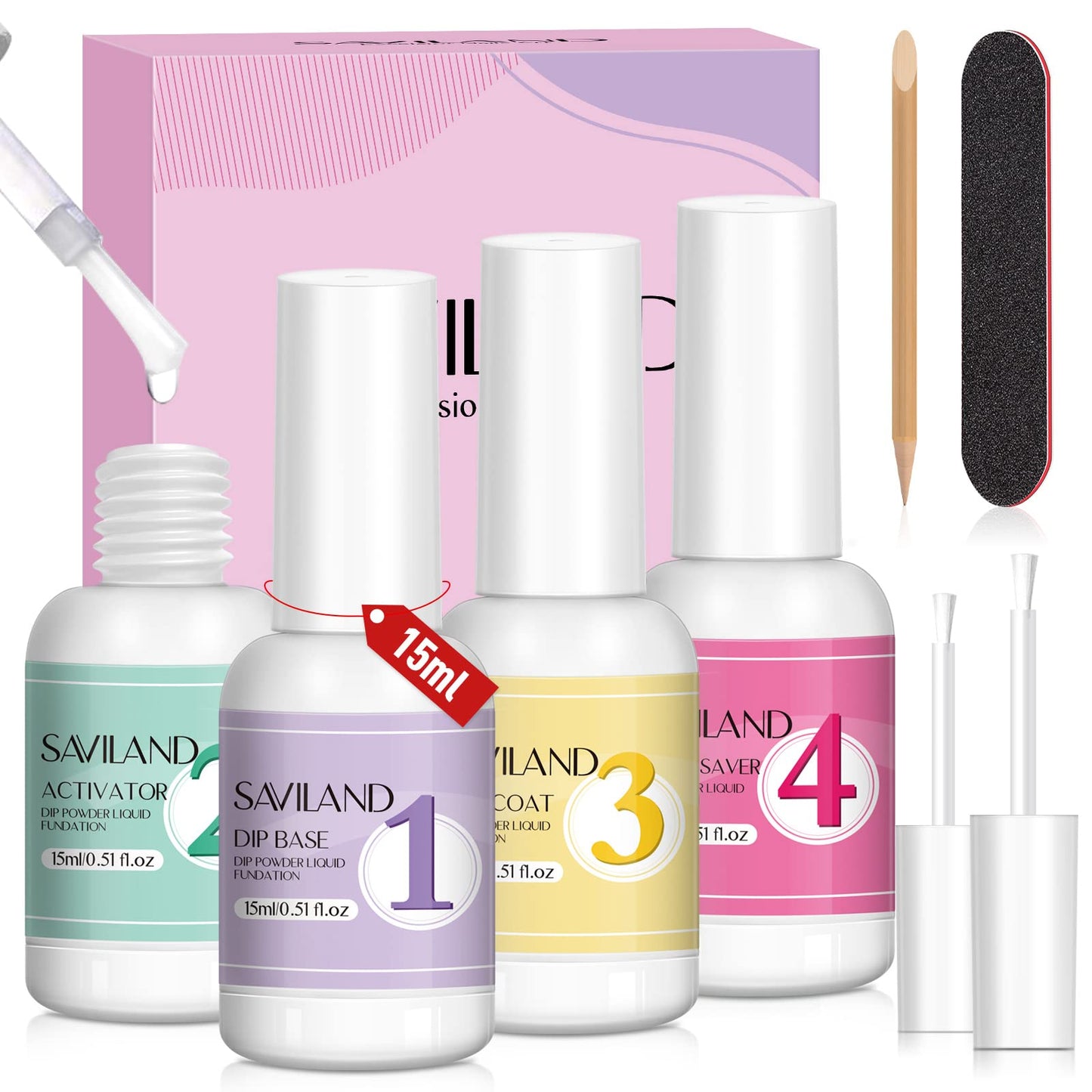 Saviland 4+4pcs Dip Powder Liquid Set – 0.52oz Dipping Powder Liquid Set with Dip Powder Activator Base Top Coat Brush Saver Dip Nail Liquid Set French Manicure Starter Home DIY & Salon Use