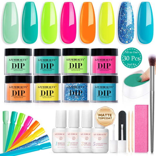 AZUREBEAUTY Dip Nails Powder Starter Kit, Hot Pink Neon Yellow Pastel Blue Green 8 Spring Summer Colors with Nail Swatch Sticks, Base Glossy/Matte Top Coat Activator Liquid Set Manicure Art 30 PCS
