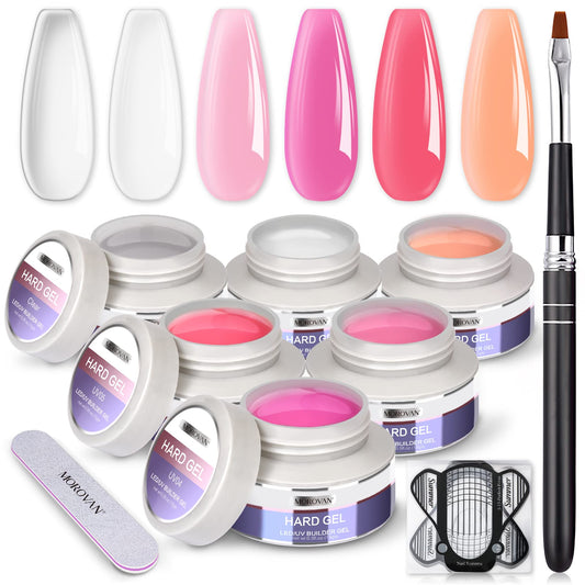 Morovan Builder Gel Nail Kit - 6 Colors UV Gel Builder Clear White Pink Hard Gel for Nail Extension Set with Gel Nail Forms Brush for Beginners DIY Nail Art Supplies
