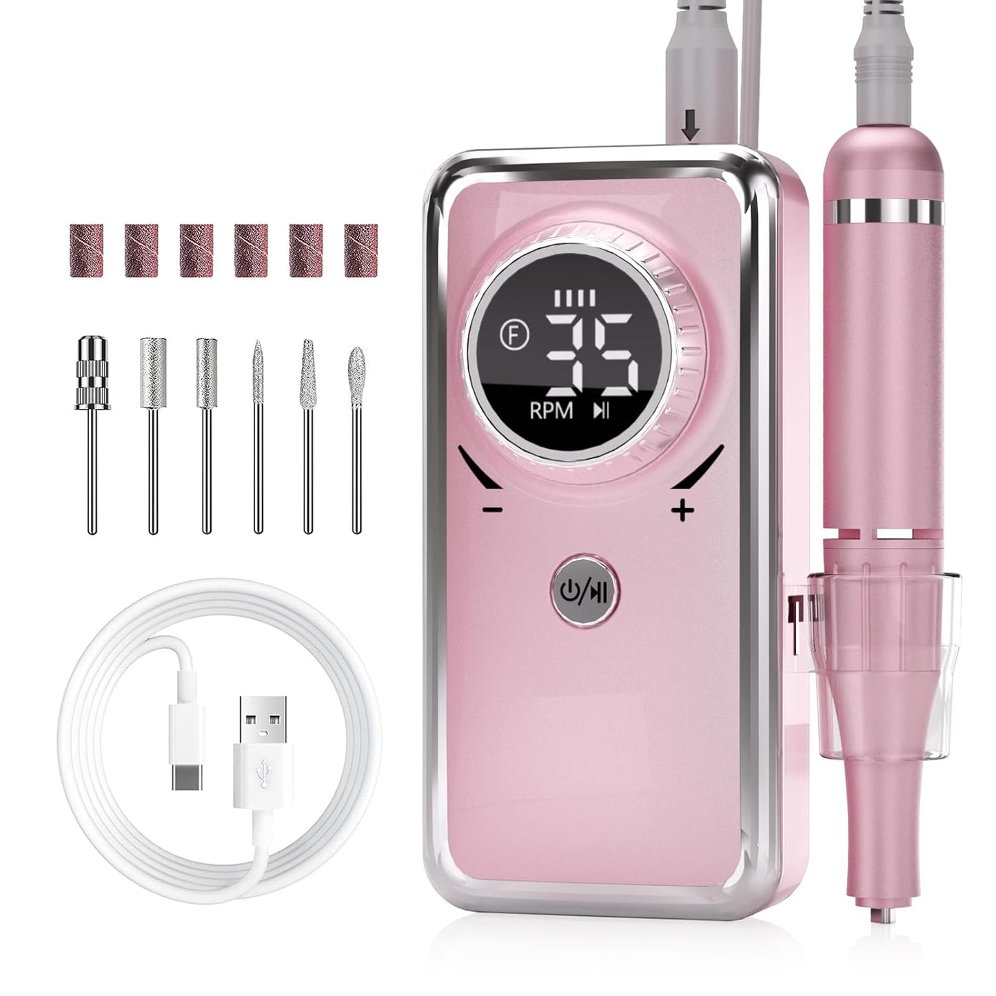 Electric Nail Drill-35000RPM Portable Acrylic Gel Polish Remover Nail Drill Machine with 6 Nail Bits, Professional Manicure Pedicure Polishing Tools for Home Salon, Pink