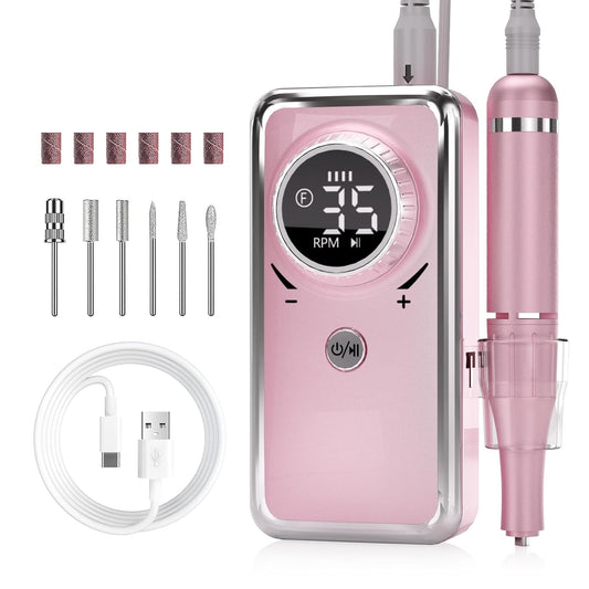 Electric Nail Drill-35000RPM Portable Acrylic Gel Polish Remover Nail Drill Machine with 6 Nail Bits, Professional Manicure Pedicure Polishing Tools for Home Salon, Pink