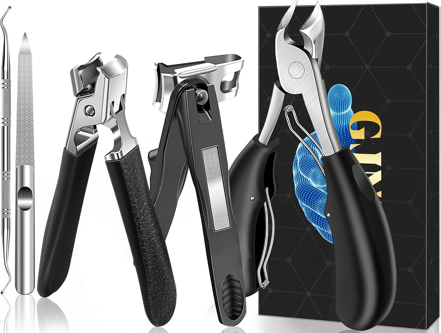 Toenail Clippers for Seniors Thick Nails - Wide Jaw Opening Toe Nail Clippers with Catcher, 360°Rotating Nail Clippers for Seniors, Heavy Duty Nail Clippers Set for Men and Women 5Pcs