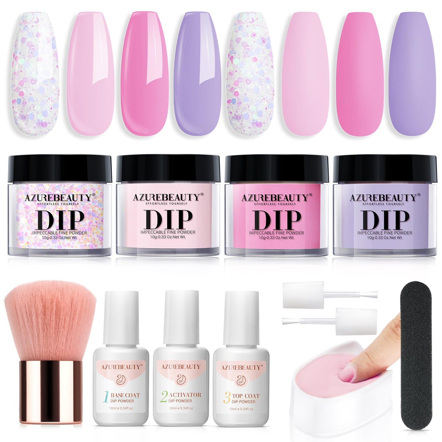 AZUREBEAUTY Dip Powder Nail Kit Starter, Lavender Pink Glitter, 4 Light Colors Spring Summer Dipping Powder Set, Y2K Style French Nail Art Base Top Coat Activator Liquid Manicure DIY Salon 12 PCS