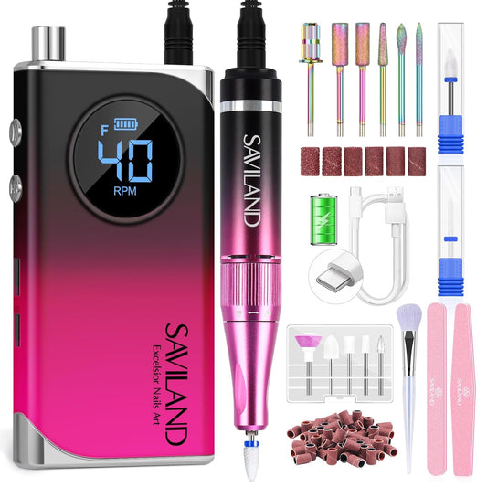 SAVILAND Electric Nail Drill Professional: 2024 Rechargeable 40000RPM E File Kit Efile Machine for Acrylic Gel Polish 4000mAh Portable Nail Dremel Grinder Ceramic Drill Bit Salon Manicure Pedicure