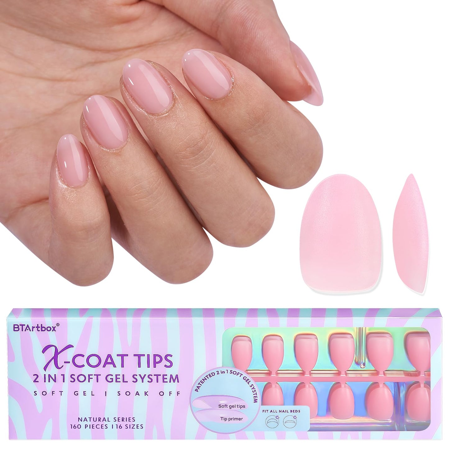 BTArtbox XCOATTIPS Natural Nail Tips - Extra Short Almond Press On Nails Pink, Long Lasting Soft Gel Nails False Nail, Soak Off Acrylic Fake Nails Extensions for Nail Art DIY Easter Gifts