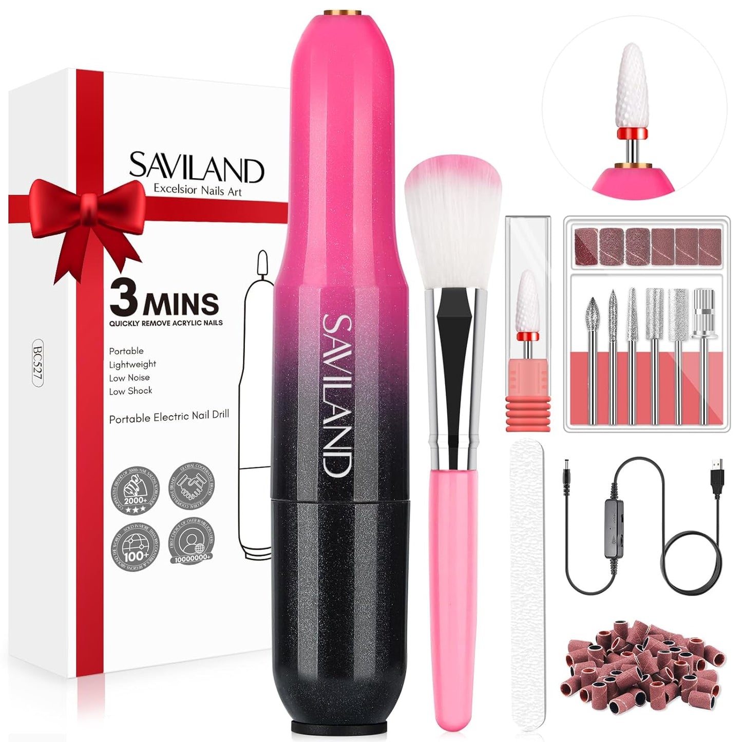 Saviland Portable Electric Nail Drill: Nail Drill Kit 20000RPM Nail Drill Gradient Black Pink Nail Drill 7 Nail Drill Bits Nail File (80/100 Grit) 51 Sanding Bands Beginners at Home Manicure Pedicure