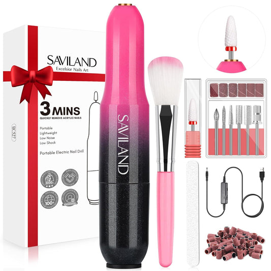 Saviland Portable Electric Nail Drill: Nail Drill Kit 20000RPM Nail Drill Gradient Black Pink Nail Drill 7 Nail Drill Bits Nail File (80/100 Grit) 51 Sanding Bands Beginners at Home Manicure Pedicure