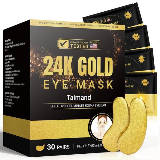 Taimand Under Eye Patches (30 Pairs), 24K Gold Under Eye Mask for Puffy Eyes, Dark Circles,Bags and Wrinkles with Collagen,Relieves Pressure and Reduces Wrinkles,Revitalises and Refreshes Your Skin