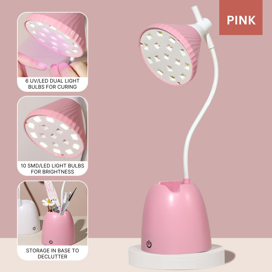 Versatile nail lamp in pink with storage base for tools, demonstrating the lamp's dual function for space-saving and efficient nail curing.