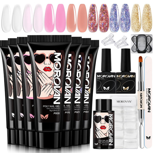 Morovan Poly Gel Nail Kit: 7 Colors Poly Nail Gel Kit Contain Pure Gillter Poly Nail Extension Gel Complete Poly Gel Kits for Beginner with Everything Builder Gel DIY At Home