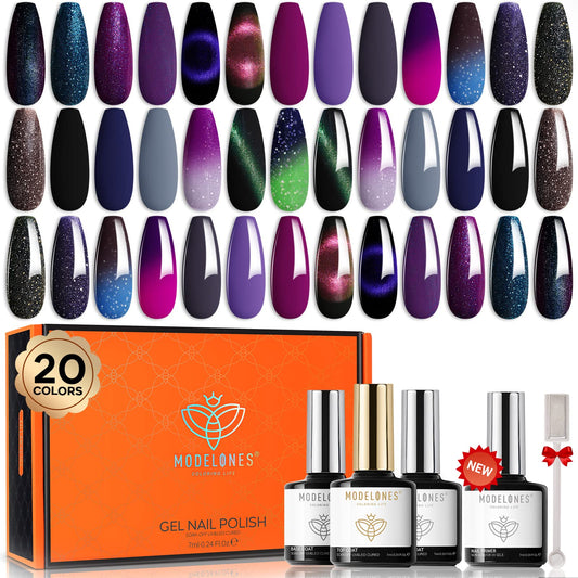 Modelones 25Pcs Gel Nail Polish Kit, Cat Eye Set Glitter Color Changing with Bond Primer Glossy & Matte Top Coat Base Magnet Stick Manicure DIY Salon Art Gift