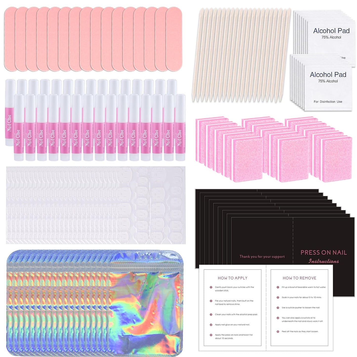 50 Set Press On Nail Tool Prep Kit for Nail Salon Business, Disposable Manicure Kit with Nail File, Buffer, Nail Glue, Prep Pad, Instruction Card, Adhesive Nail Tabs, Wood Stick, Holographic Bag (A)