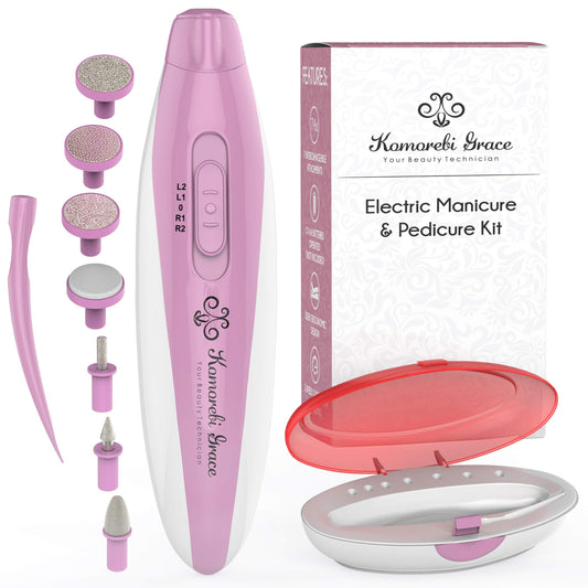 Electric Nail File Manicure & Pedicure Set: 2-Speed Battery Operated Nail File Kit w Portable Nail Drill Grinder, Buffer, Shaper, Polisher and Cuticle Pusher for Natural Finger Nails & Toe Nails Care