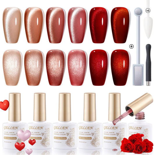 Gellen Glitter Cat Eye Gel Nail Polish Set 6 Colors Red Burgundy Gel Nail Polish with Magnet UV LED Soak Off Sparkle Nail Polish Kit Magnetic Gel Polish Set for DIY Nail Art Women Valentine’s Day Gift