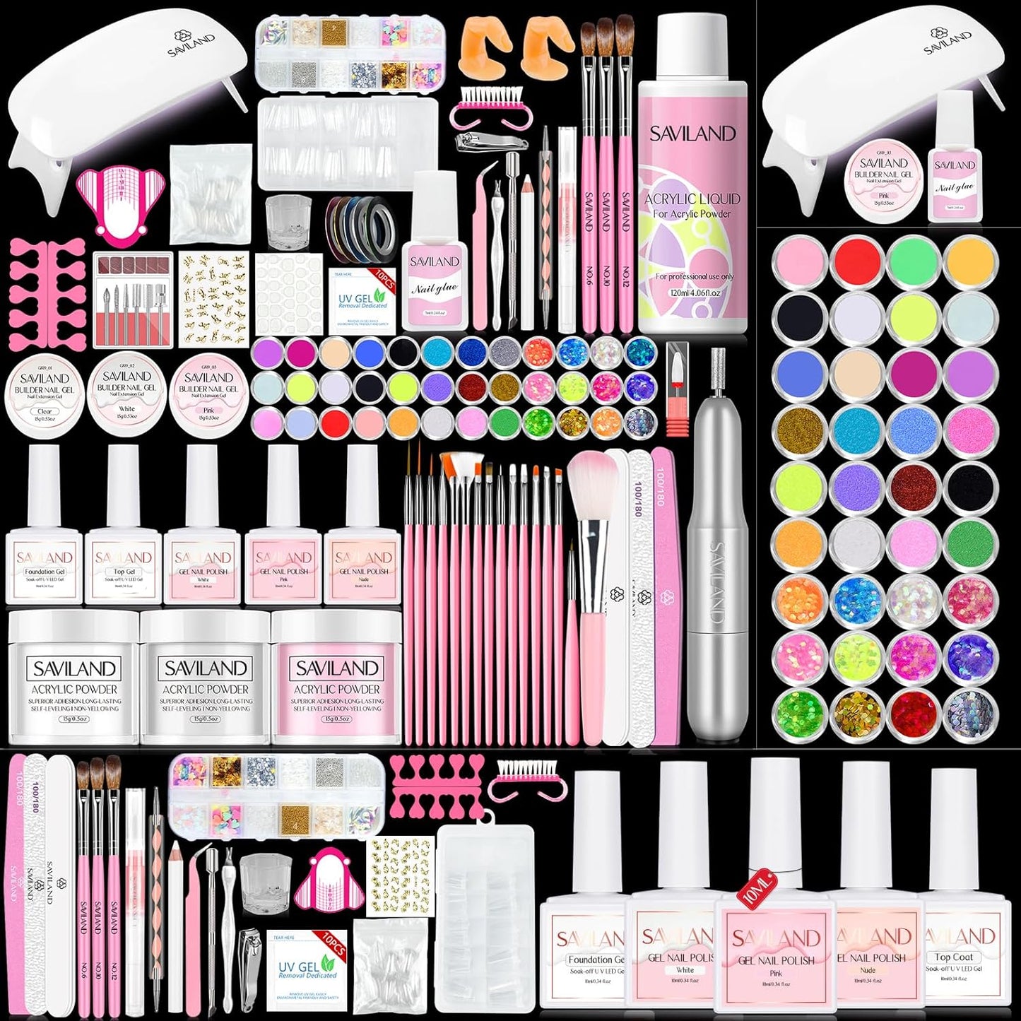 Saviland Acrylic Nail Kit with Drill – Nail Kit Acrylic Set for Nails Extension with Acrylic Powder And Liquid Set Acrylic Nail Brush Builder Nail Gel Portable U V Light for Nails Kit Set for Home DIY