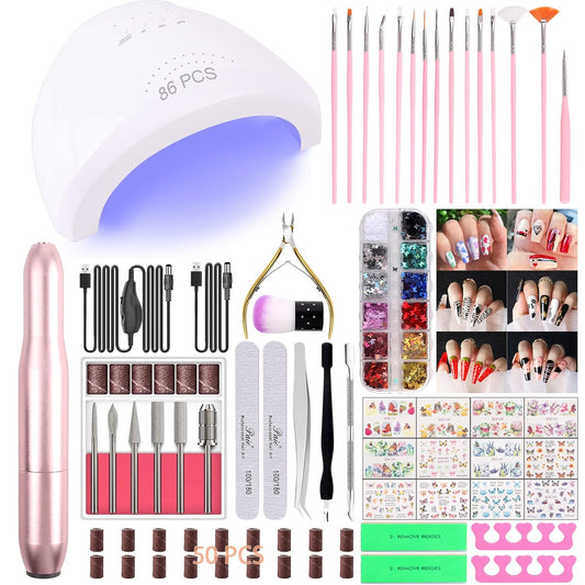 86PCS Acrylic Nail Kit Set with Everything, Professional Electric Nail Drill Machine 48W UV LED Nail Lamp Gel Dryer Lamp, Nail Supplies Art Brushes Decoration Nail Efile Tools for Acrylic Gel Nails