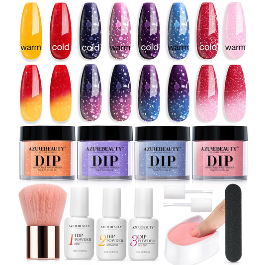 AZUREBEAUTY Color Changing Dip Powder Nail Kit Starter, Summer Glitter Pink Blue Purple Orange Mood Temperature Change Dipping Powder Liquid Set with Base Top Coat Activator for Home Manicure Gift