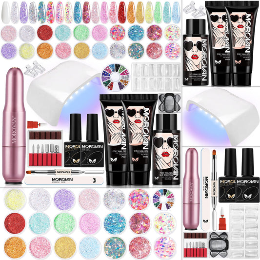 Morovan Poly Gel Nail Kit Set: With Nail Lamp and Drill 20 Glitter Colors Complete Poly Gel Nail Kit For Beginners With Everything Professional Poly Extension Gel Nail Kit For Salon Quality