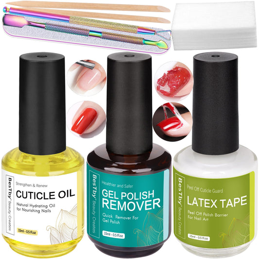 BesTby Gel Nail Polish Remover - Gel Polish Remover Easily and Work Fast, Gel Nail Remover Kit No Soaking or Wrapping Remove Gel Polish, Nail Cuticle Oil and Latex Tape for Nails