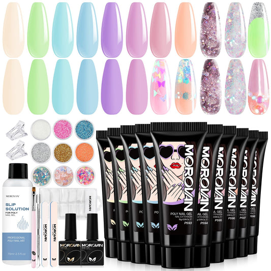 Morovan Poly Gel Nail Kit: Starter Kit 10 Colors Glitter Poly Nail Gel Kit for Beginner Jelly Poly Nail Gel Set Professional Extension DIY Nail Salon Journey